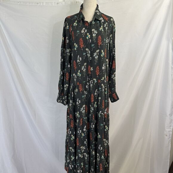 Natural Life Dark Gray Floral Maxi Peasant Dress LARGE Boho Tiered Long Sleeve - Picture 1 of 8